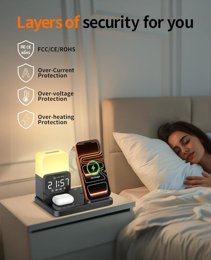 6-In-1 Wireless Charging Station,Charger Stand for Apple Devices,For Iphone 17-12 Pro Max Watch Airpods,Wireless Charger Iphone Charging Station with Night Light/Alarm Clock Gifts for Fathers Day