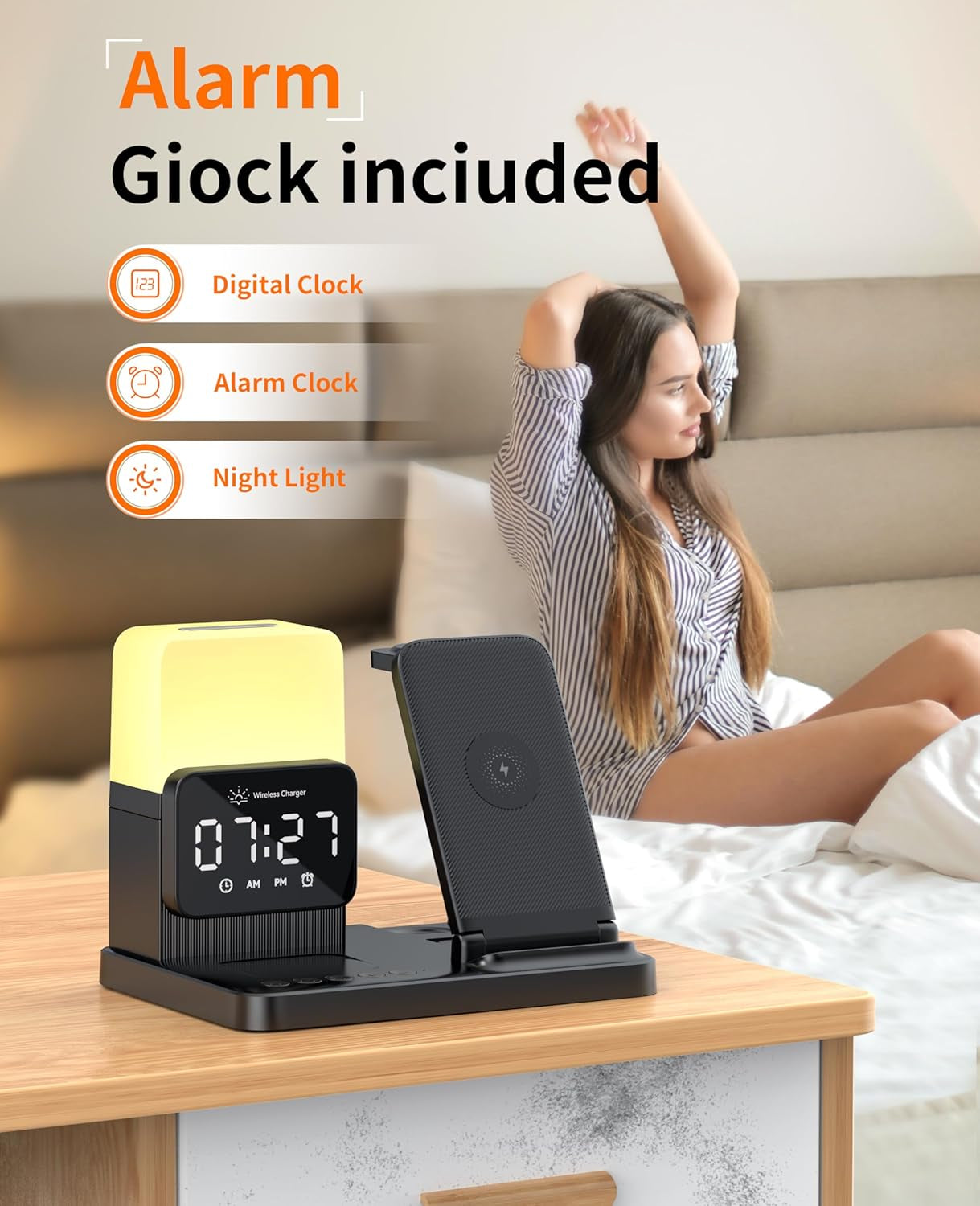 6-In-1 Wireless Charging Station,Charger Stand for Apple Devices,For Iphone 17-12 Pro Max Watch Airpods,Wireless Charger Iphone Charging Station with Night Light/Alarm Clock Gifts for Fathers Day