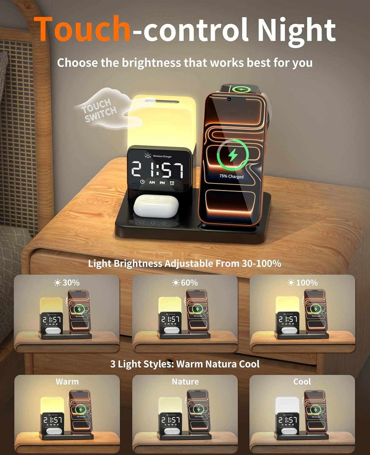 6-In-1 Wireless Charging Station,Charger Stand for Apple Devices,For Iphone 17-12 Pro Max Watch Airpods,Wireless Charger Iphone Charging Station with Night Light/Alarm Clock Gifts for Fathers Day