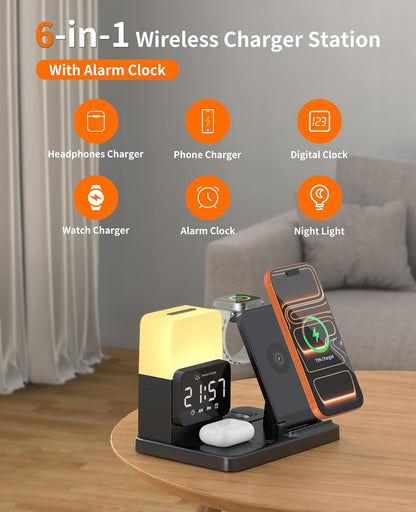 6-In-1 Wireless Charging Station,Charger Stand for Apple Devices,For Iphone 17-12 Pro Max Watch Airpods,Wireless Charger Iphone Charging Station with Night Light/Alarm Clock Gifts for Fathers Day